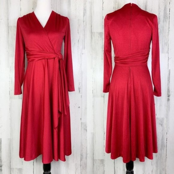 Vintage 70s Bright Red Faux Wrap Midi Dress - Picture 1 of 12
